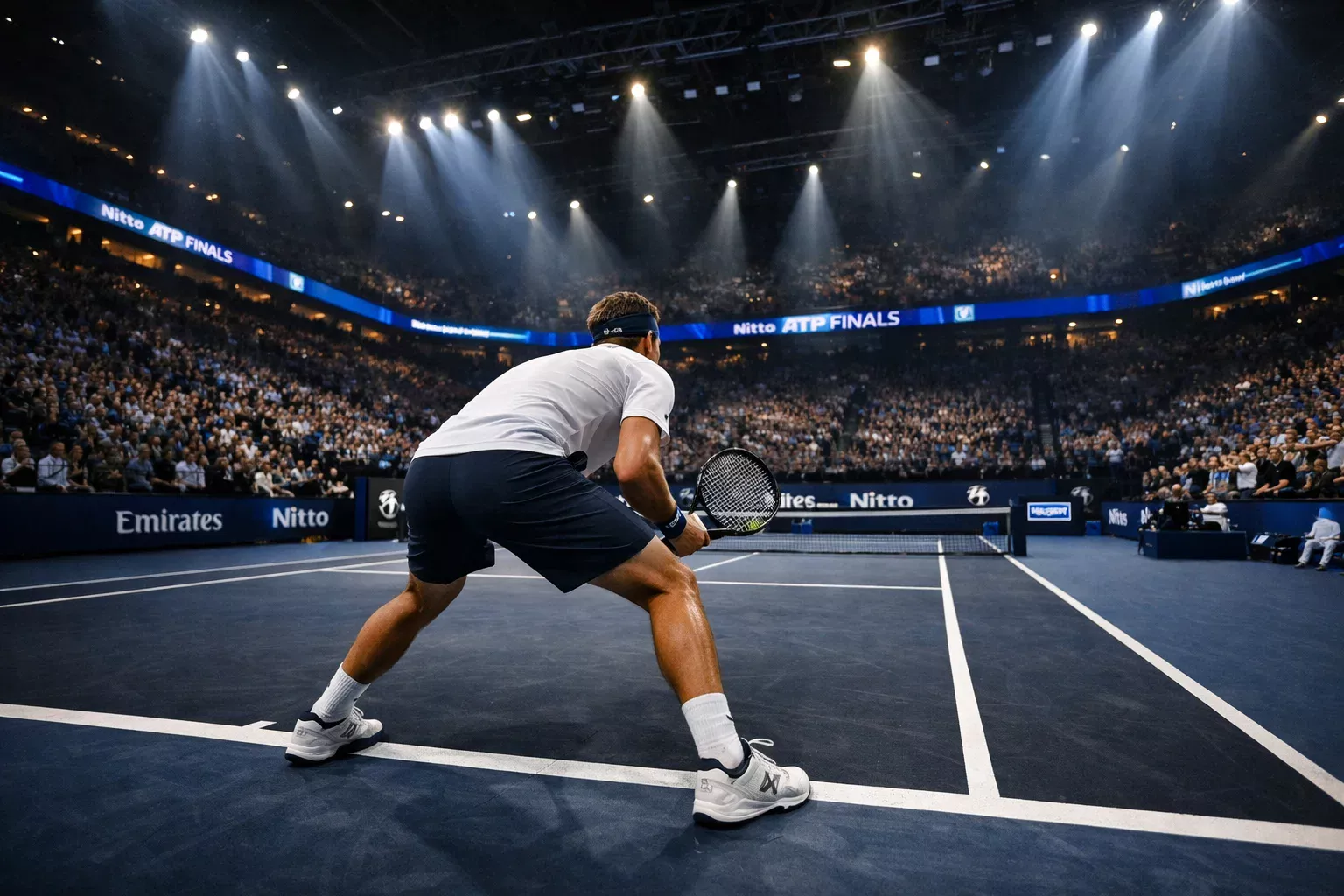 Tennisspieler auf dem ATP Finals Indoor-Hartplatz unter Scheinwerferlicht