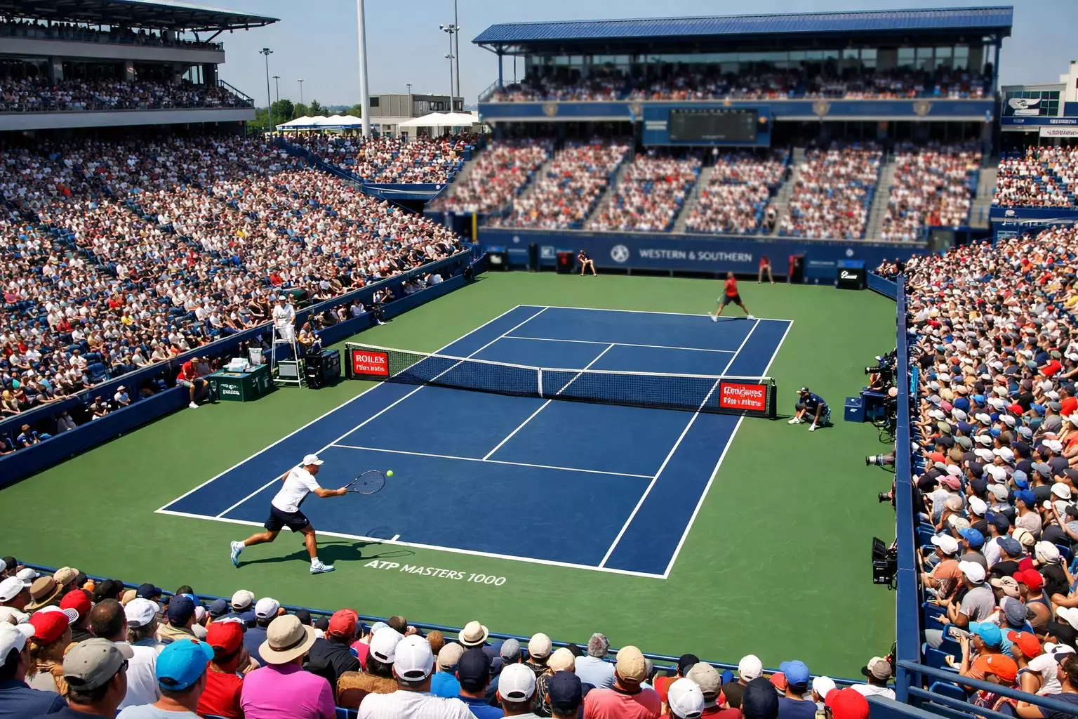 Tennisplatz bei einem Masters-Turnier mit vollen Tribünen und Sonnenlicht