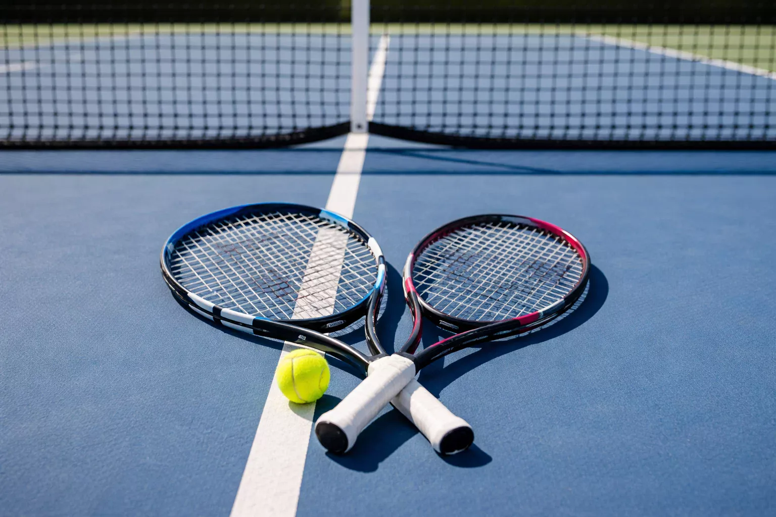 Zwei Tennisschläger überkreuzt auf einem Tennisplatz mit Netz im Hintergrund