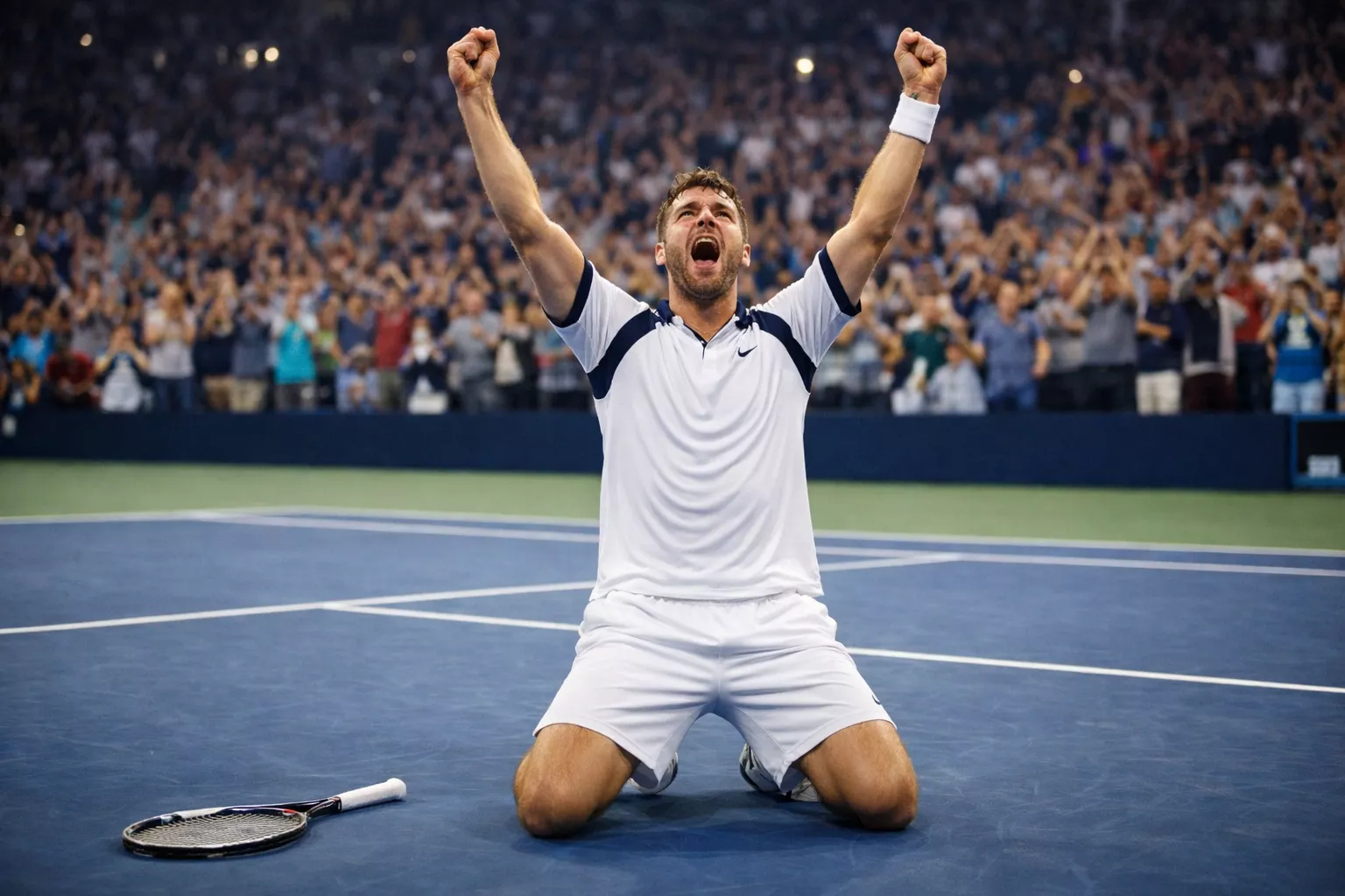 Tennisspieler feiert einen überraschenden Sieg auf dem Tennisplatz mit Emotion