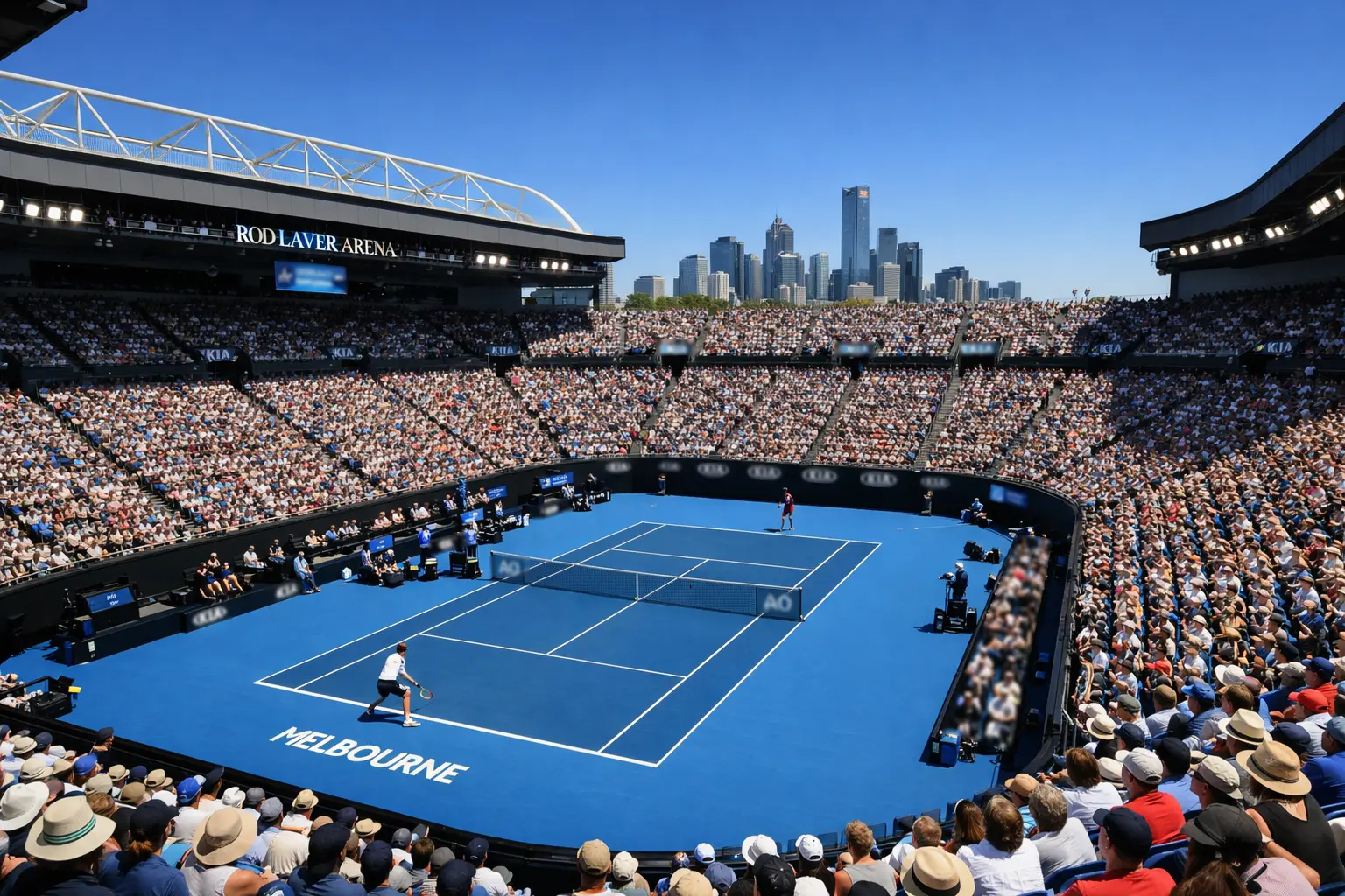 Tennisplatz bei den Australian Open mit blauem Hartplatz und Stadion