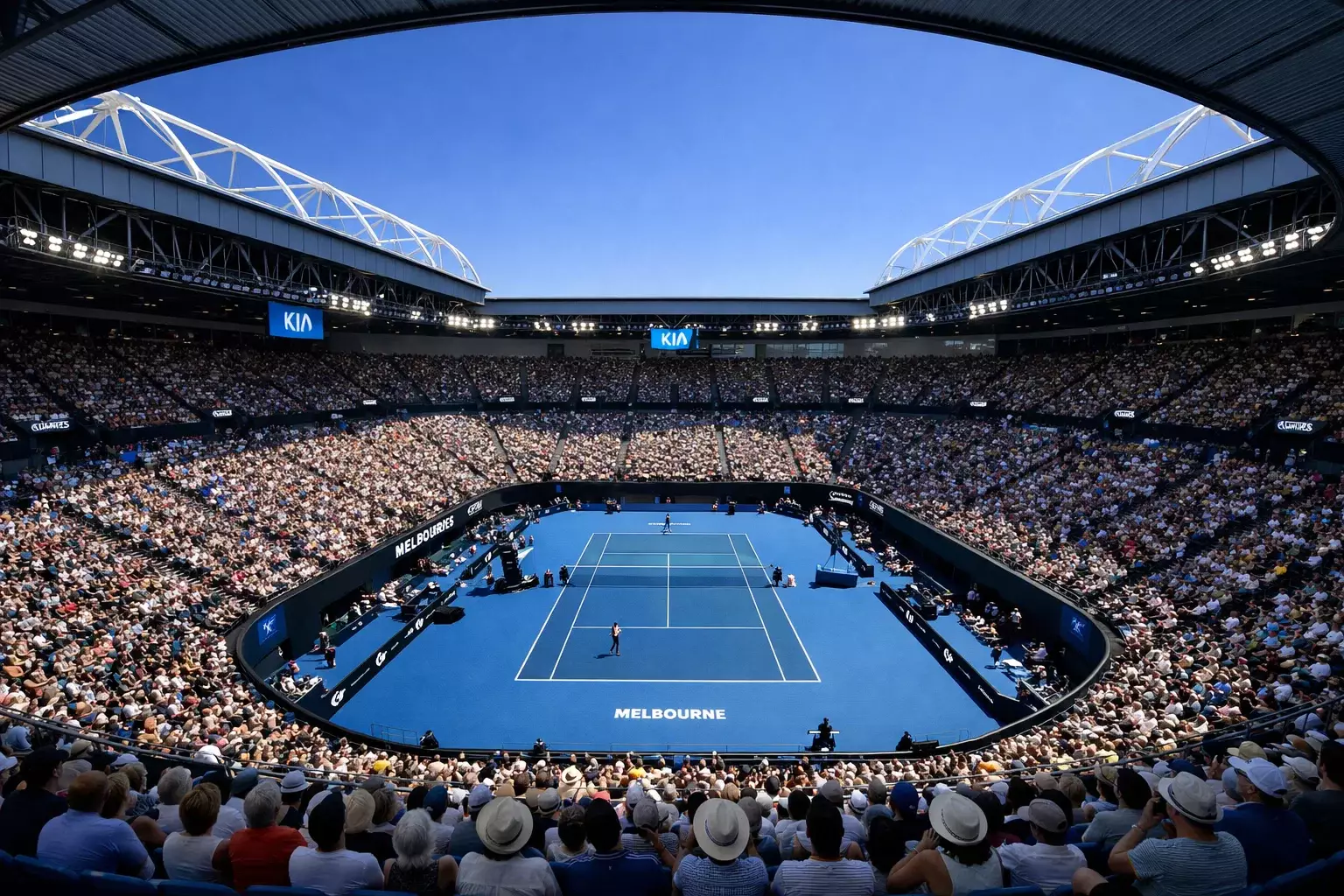 Rod Laver Arena in Melbourne bei den Australian Open unter blauem Himmel