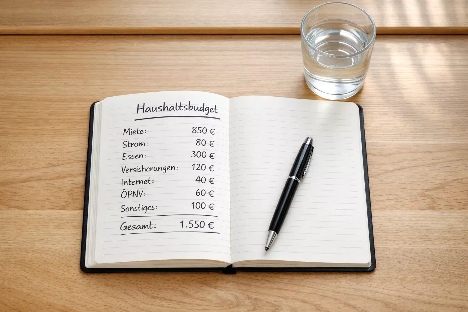 Aufgeschlagenes Notizbuch mit Planungsnotizen und einem Stift auf einem Schreibtisch