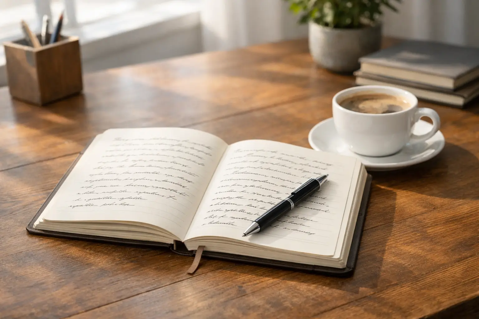 Notizbuch mit Stift auf dem Schreibtisch neben einer Tasse Kaffee