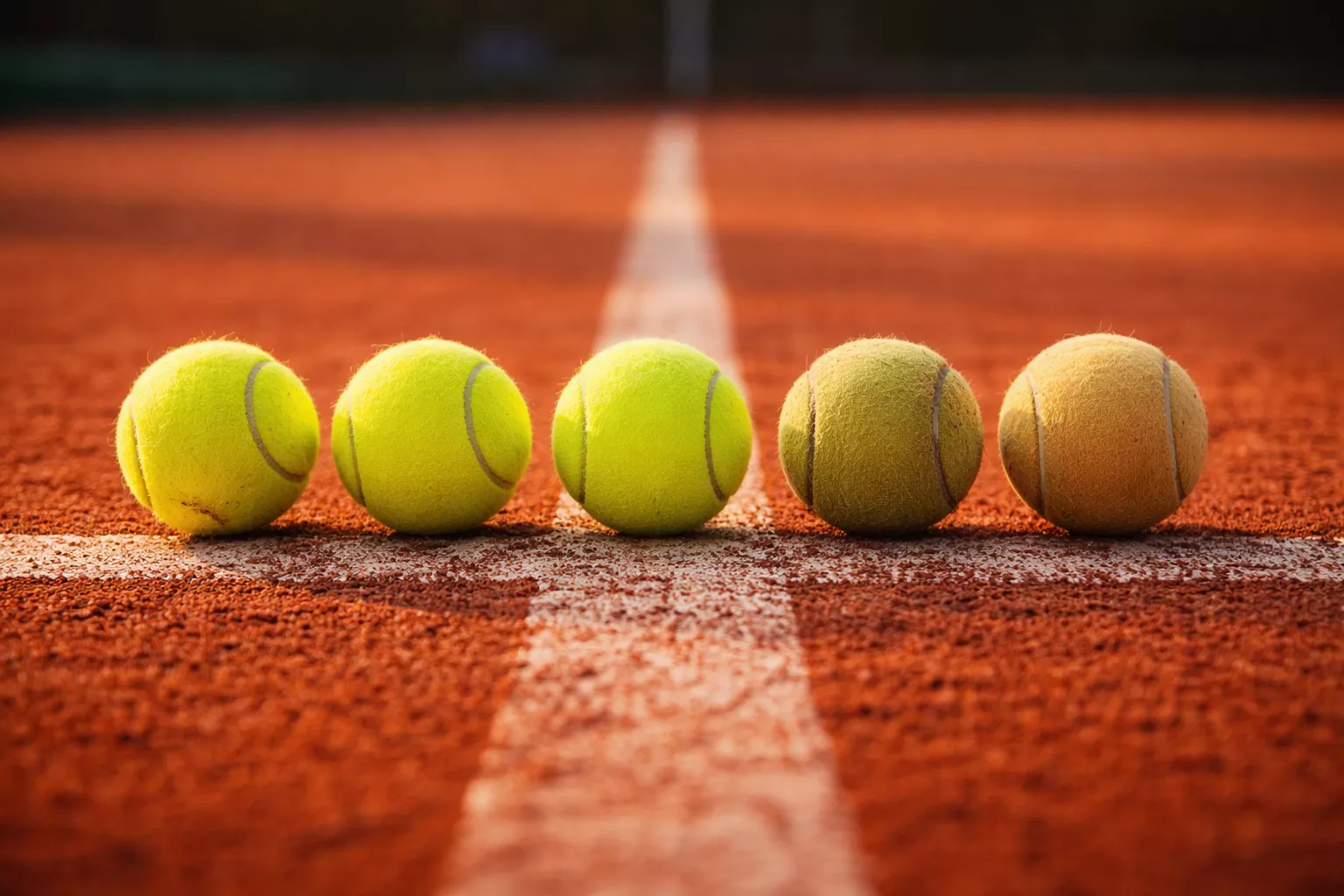 Tennisplatz mit fünf Tennisbällen in einer Reihe als Symbol für fünf Sätze