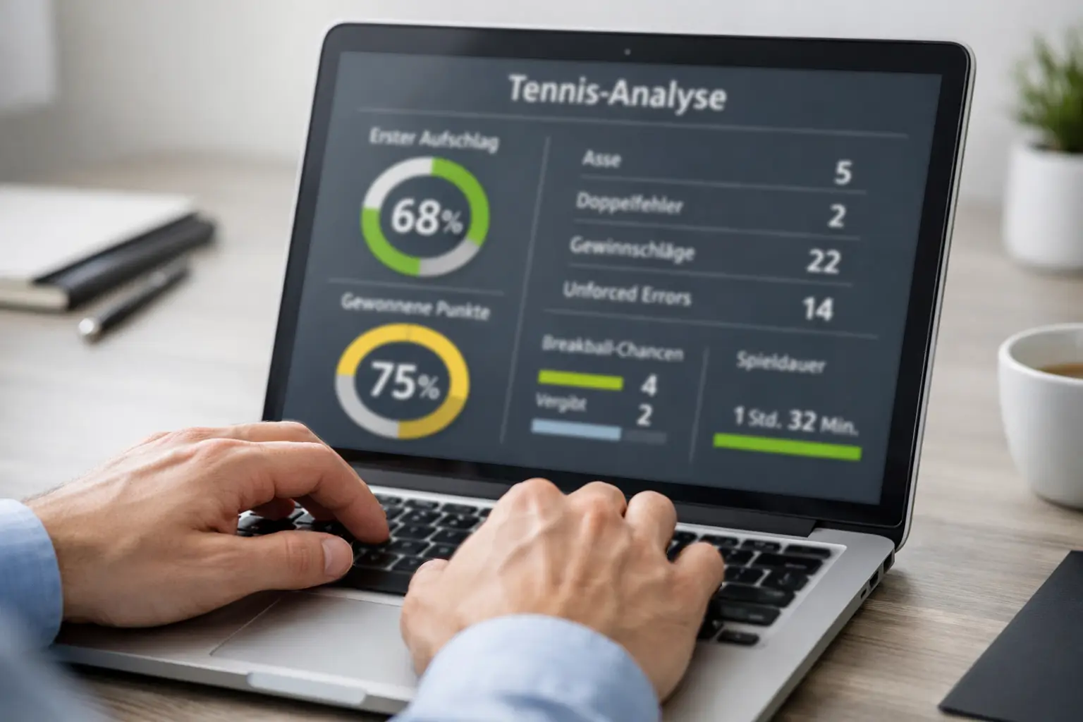Hände tippen auf Laptop-Tastatur mit Sportstatistiken auf dem Bildschirm