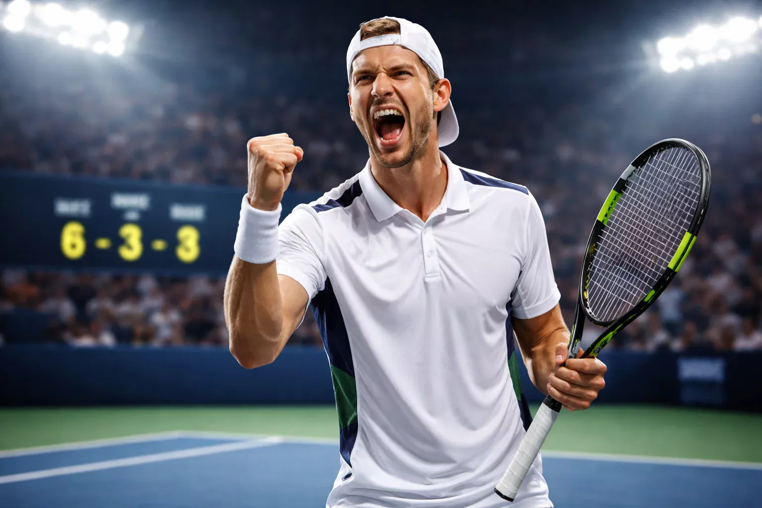 Tennisspieler feiert mit geballter Faust nach dem Gewinn des ersten Satzes