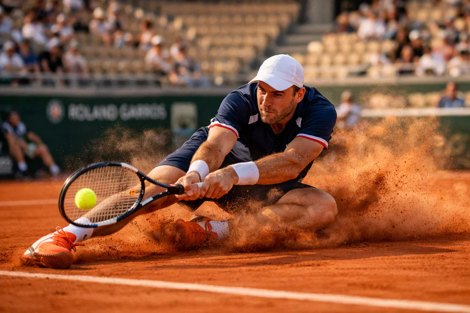 Tennisspieler gleitet auf rotem Sandplatz bei den French Open in Roland Garros