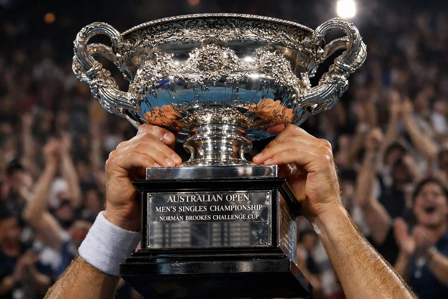 Tennisspieler hält Siegerpokal nach dem Grand Slam Finale