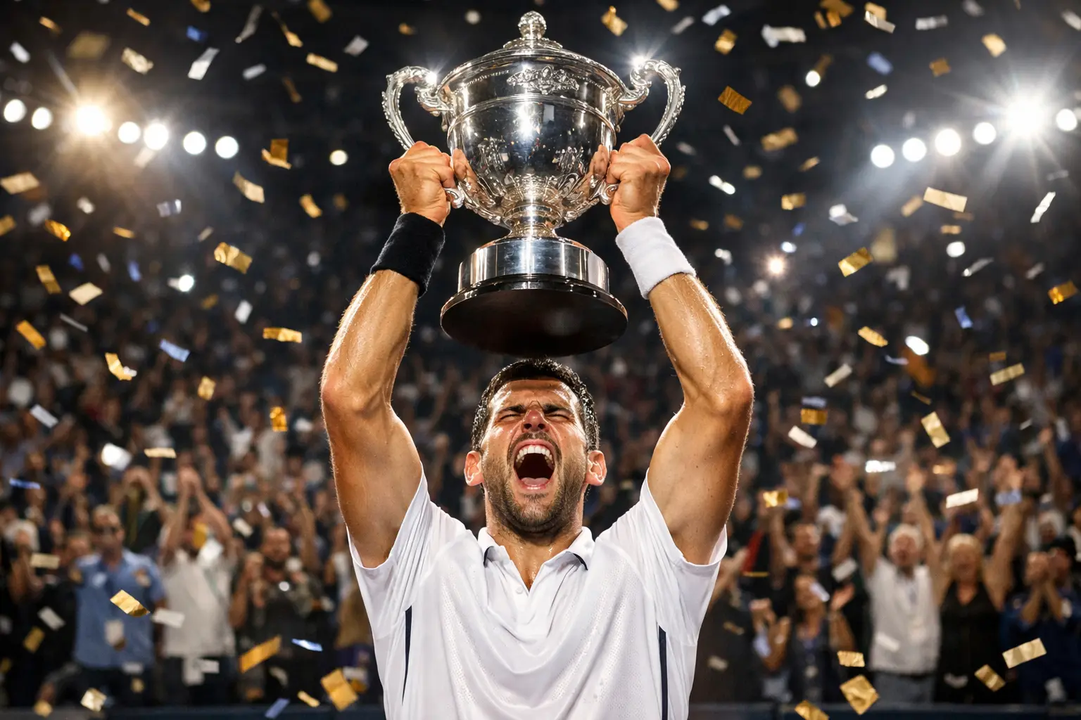 Tennisspieler hebt den Grand Slam Pokal in die Höhe bei der Siegerehrung