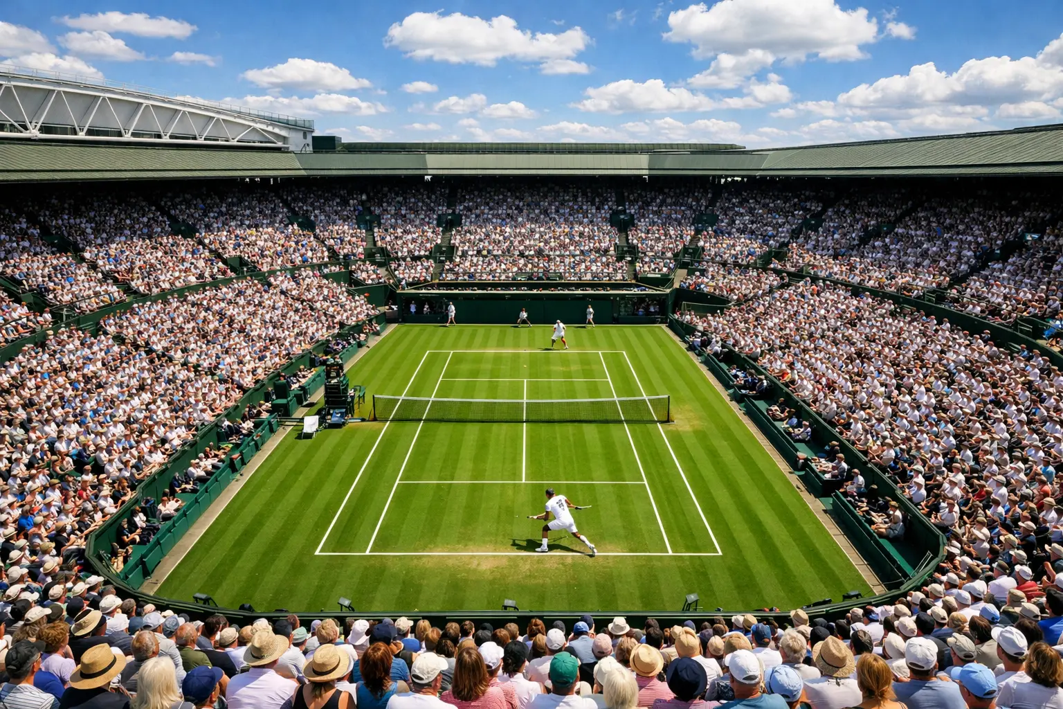 Gefülltes Tennisstadion bei einem Grand Slam Turnier mit Rasenplatz