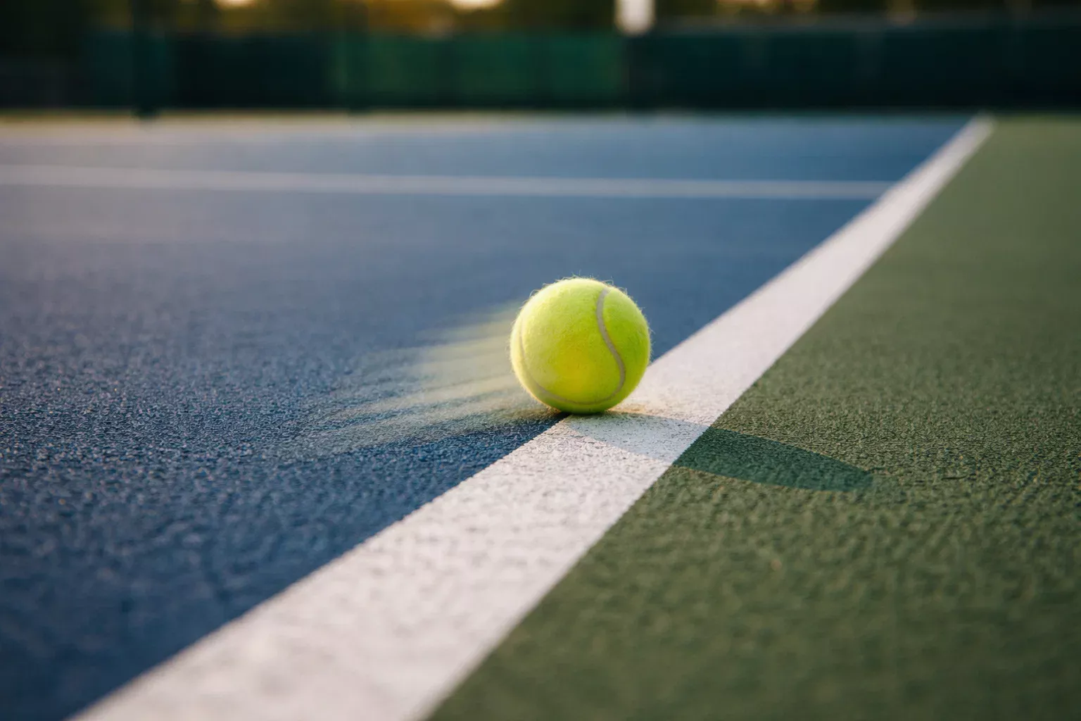 Tennisball rollt ins Aus auf einem Tennisplatz – symbolisch für einen Fehler