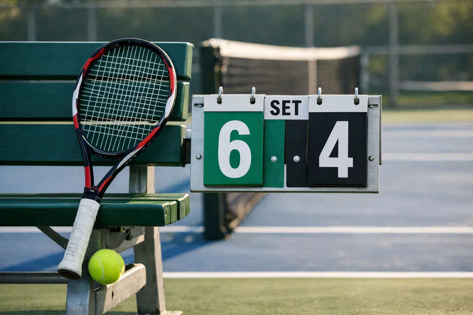 Tennisschläger und Scoreboard-Anzeigetafel am Rand eines Tennisplatzes