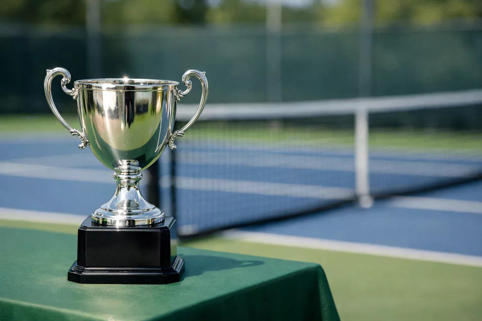 Tennispokal auf einem Tisch mit unscharfem Tennisplatz im Hintergrund