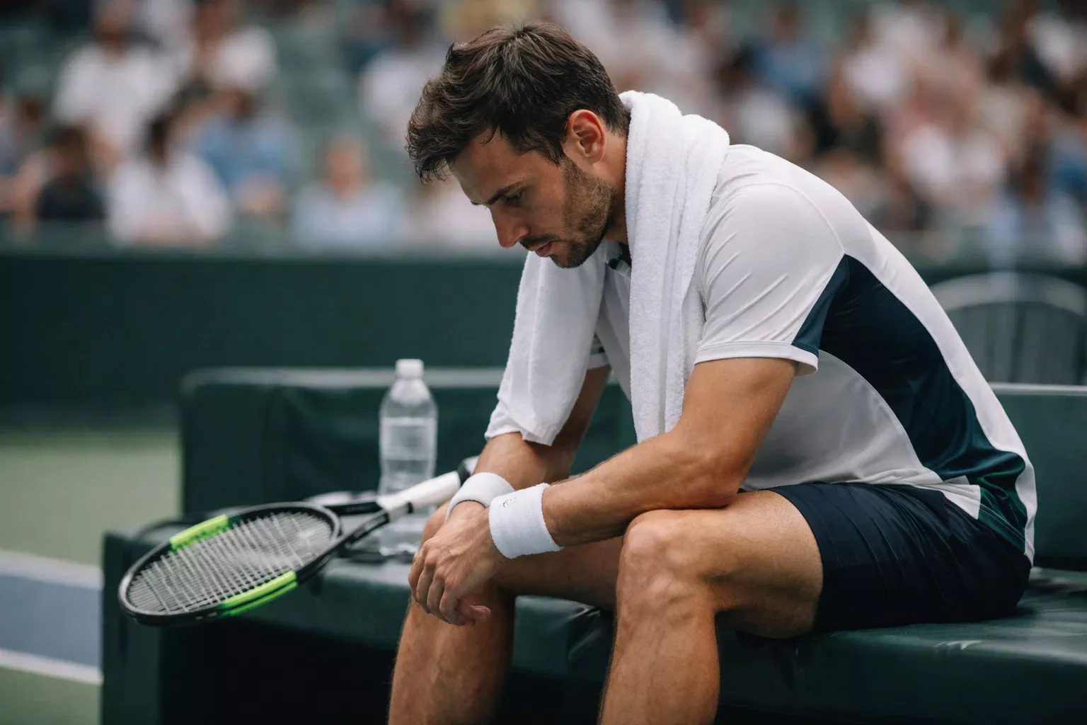 Tennisspieler sitzt nachdenklich auf der Bank bei einer Seitenwechselpause