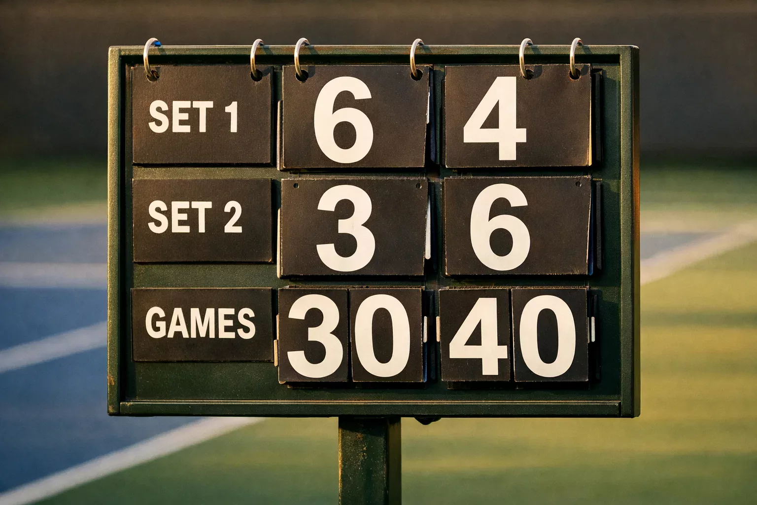 Nahaufnahme einer Tennis-Anzeigetafel mit Spielstand während eines Matches