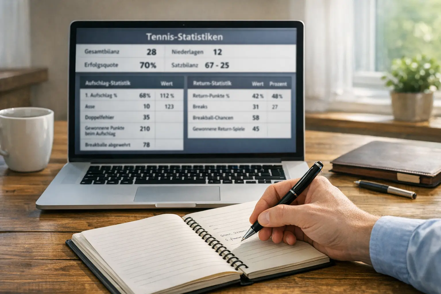 Person mit Stift macht Notizen neben einem Laptop mit Statistiken
