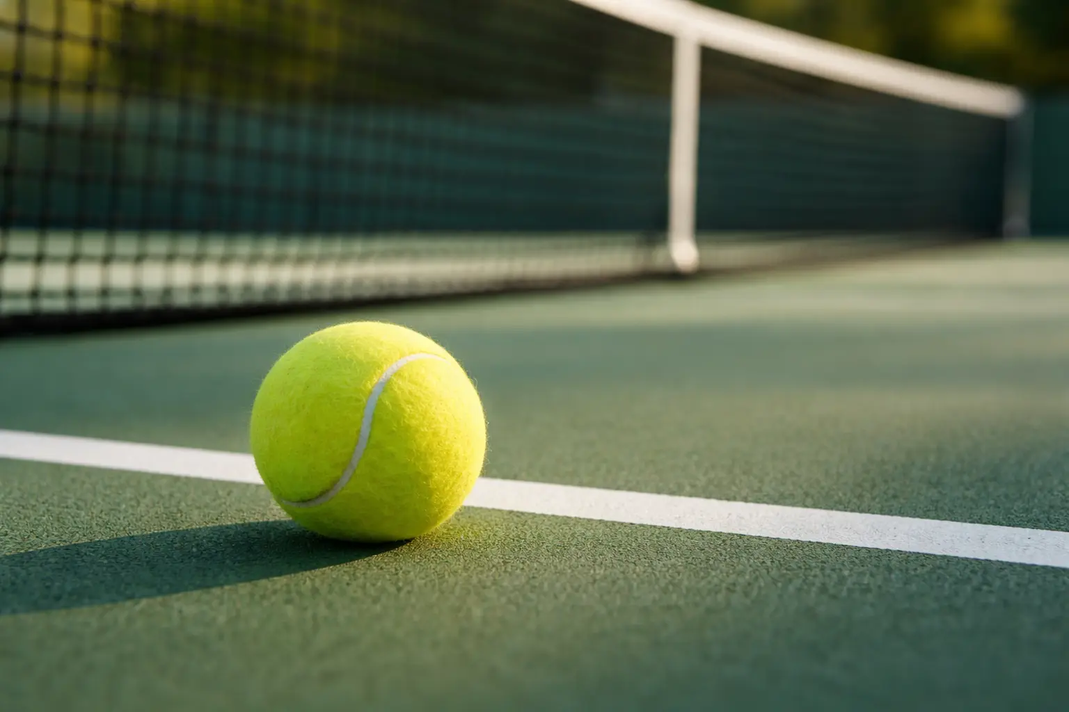 Tennisball auf dem Spielfeld mit Netz im Hintergrund bei Sonnenlicht