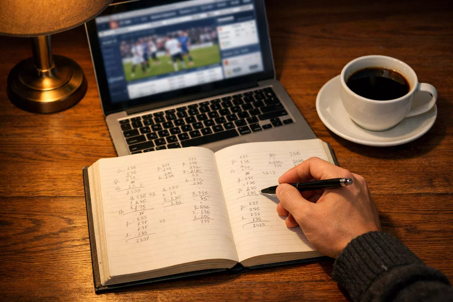 Hand hält einen Stift über einem Notizbuch mit handgeschriebenen Zahlen neben einem Laptop