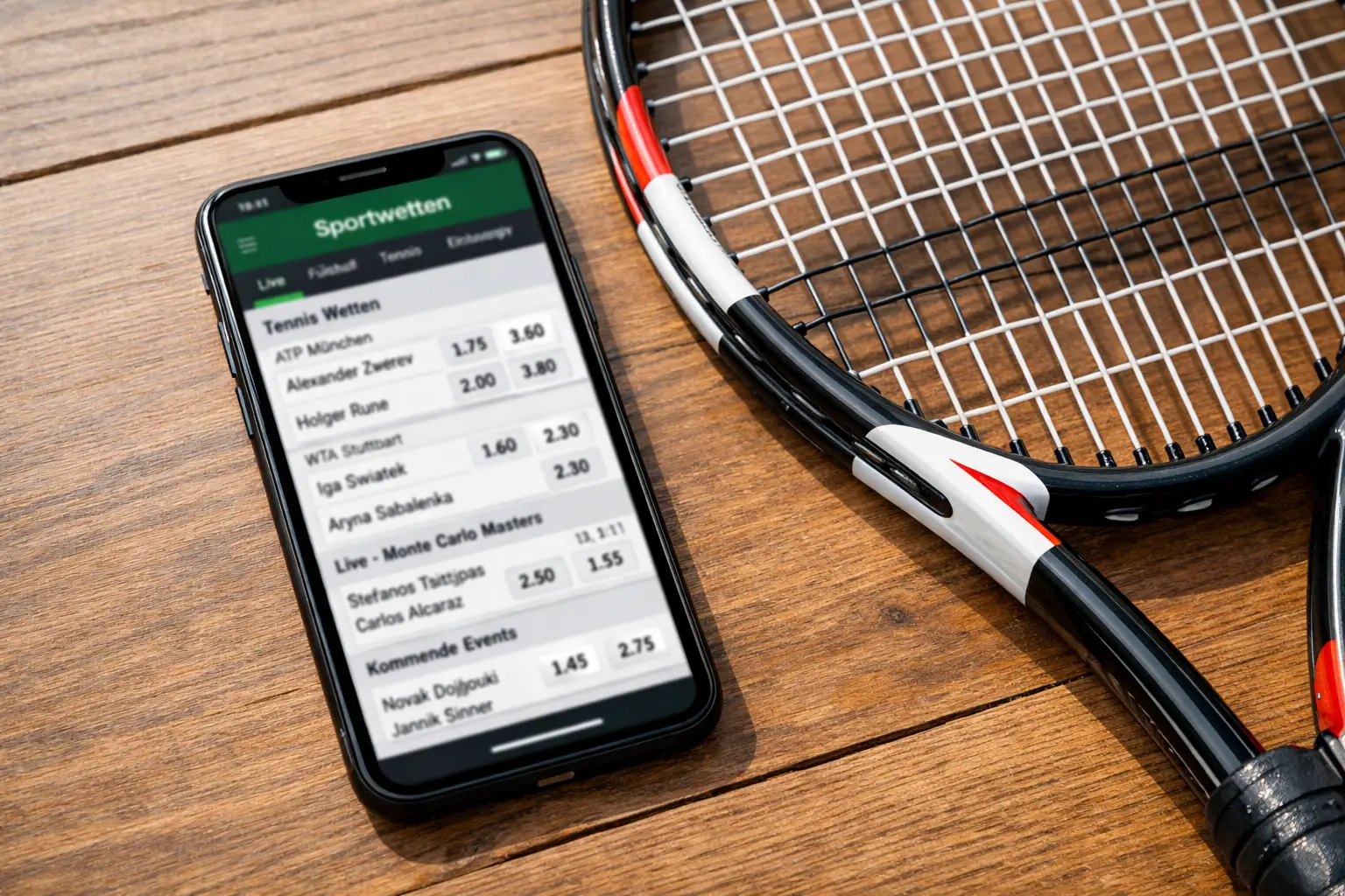 Smartphone zeigt Sportwetten-App neben einem Tennisschläger