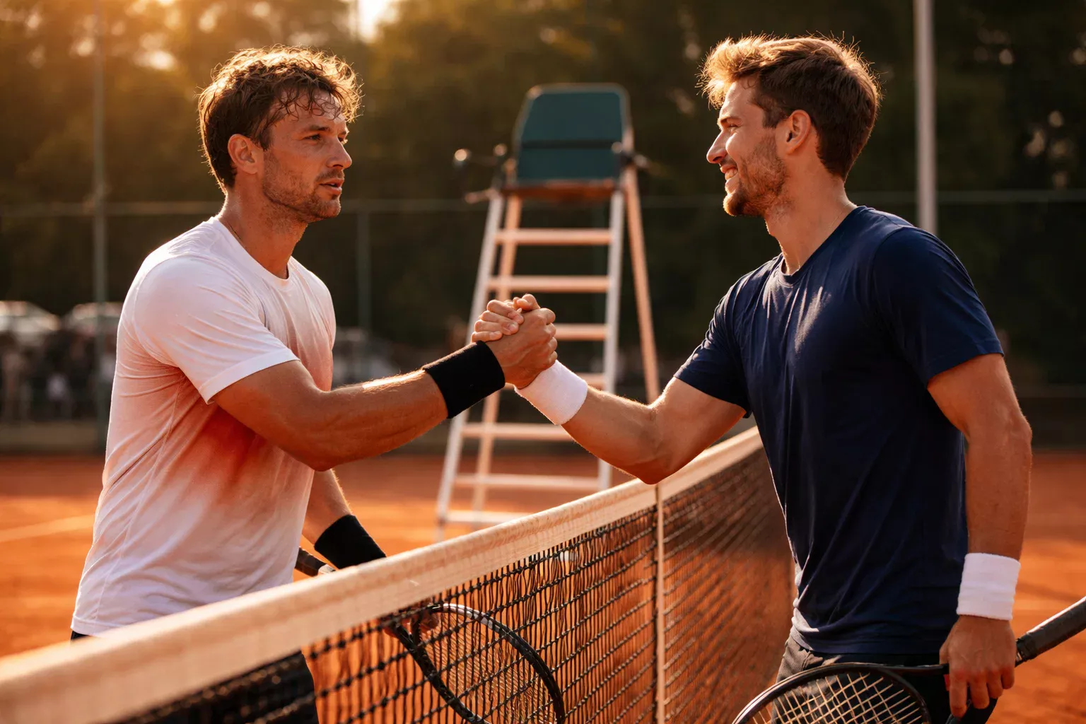 Zwei Tennisspieler am Netz nach einem Match geben sich die Hand