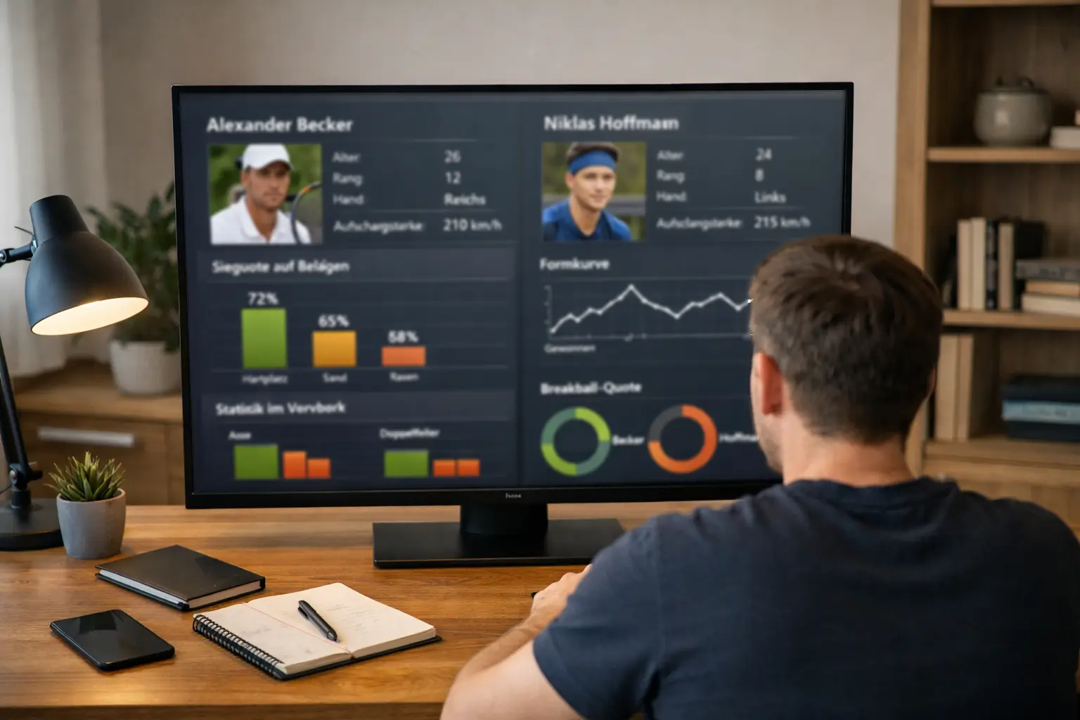 Person studiert Tennisstatistiken auf dem Computerbildschirm