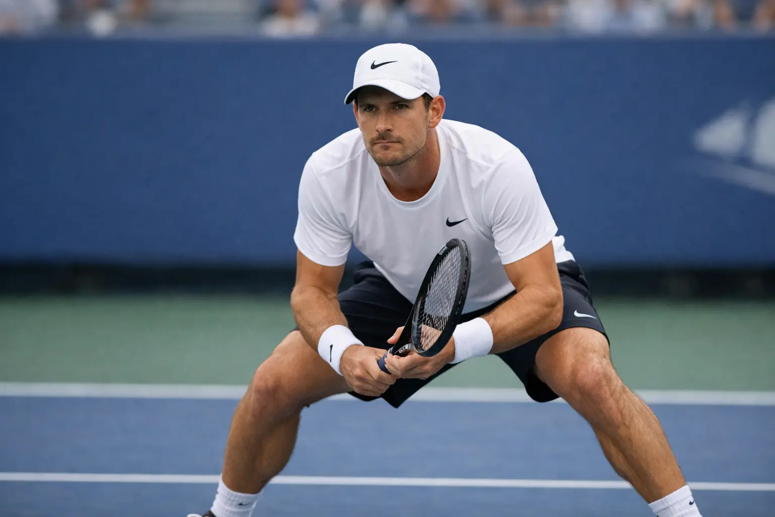 Tennisspieler konzentriert sich vor dem Return beim Aufschlag des Gegners