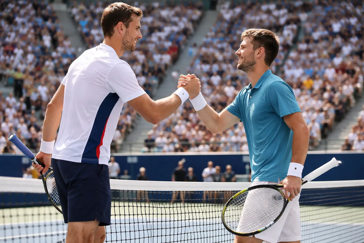 Zwei Tennisspieler am Netz nach dem Match beim Handschlag