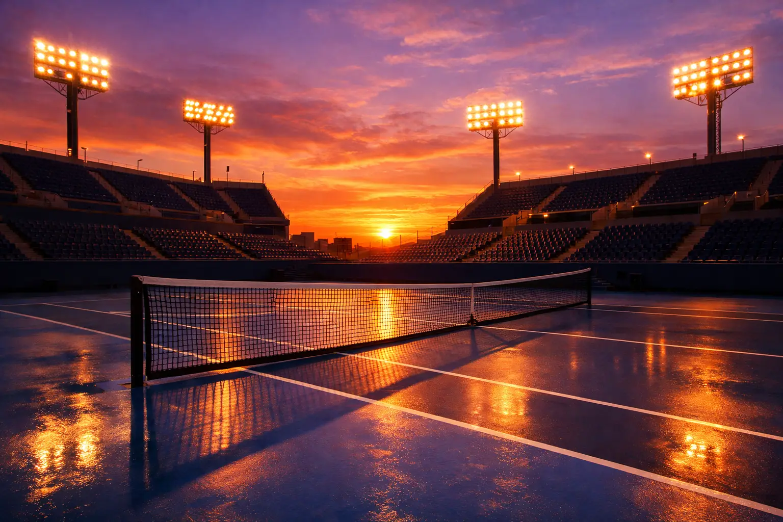 Tennisplatz bei Sonnenuntergang während eines Grand Slam Turniers