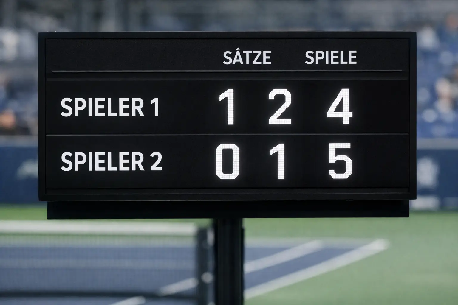 Anzeigetafel eines Tennismatches mit Spielstand und Sätzen