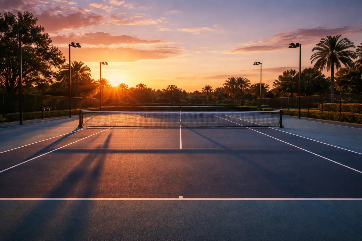 Tennisplatz bei Sonnenuntergang mit langen Schatten