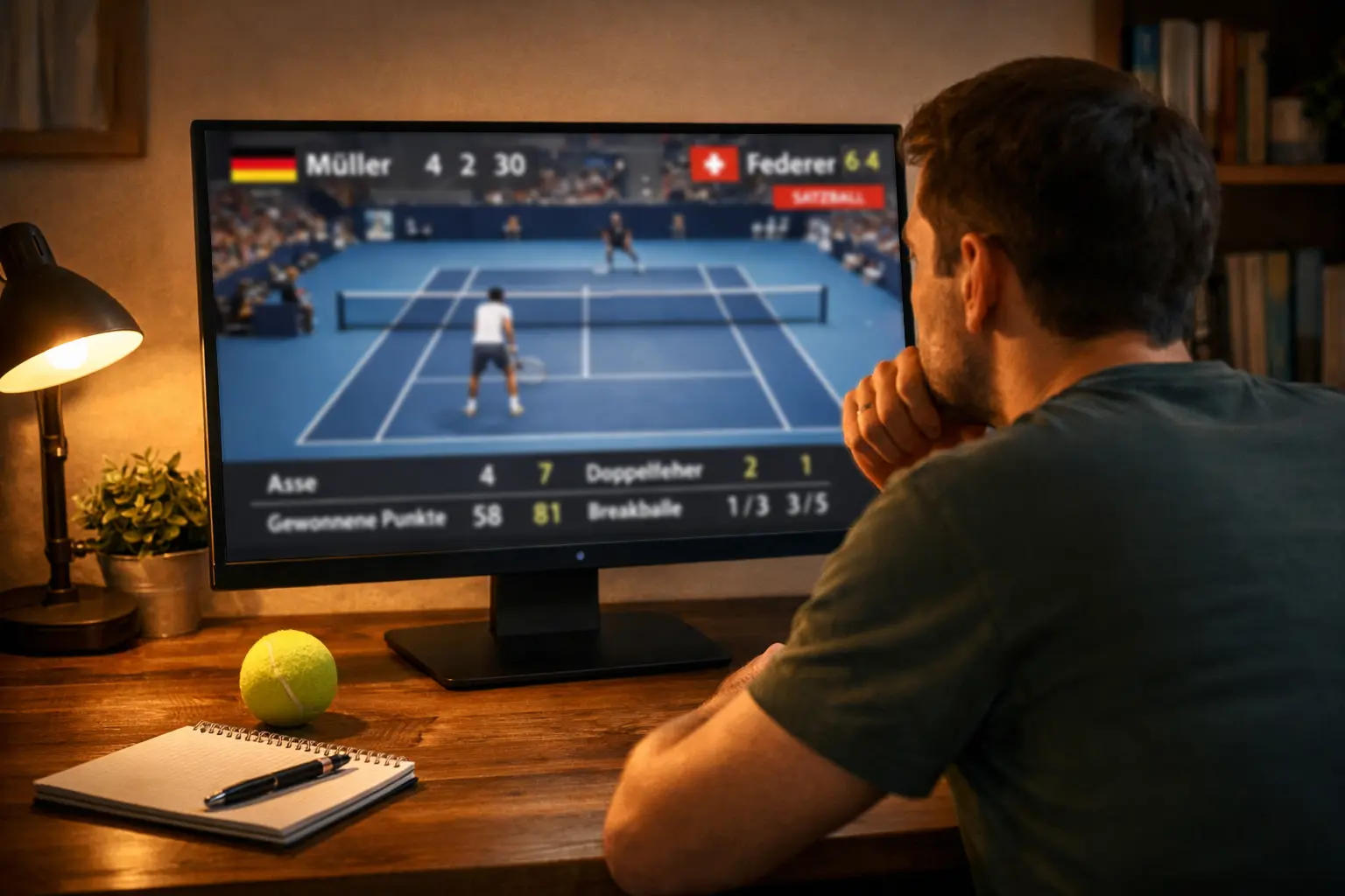 Person verfolgt ein Tennismatch auf dem Bildschirm mit Statistiken