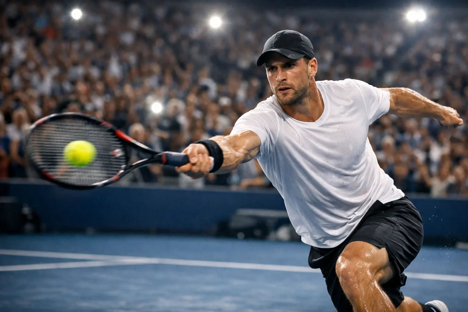 Tennisspieler in Aktion während eines spannenden Punktes auf dem Court