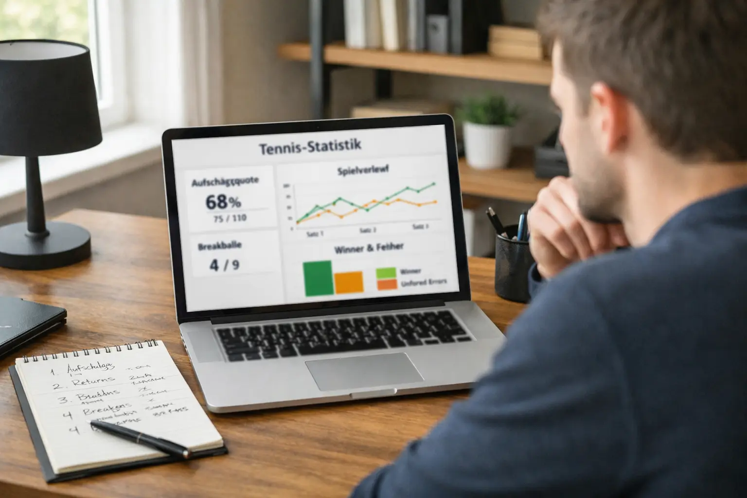 Person analysiert Tennisstatistiken auf einem Laptop mit Notizen