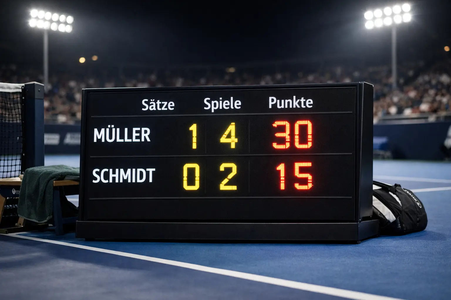 Anzeigetafel mit Spielstand und Statistiken während eines Tennismatches