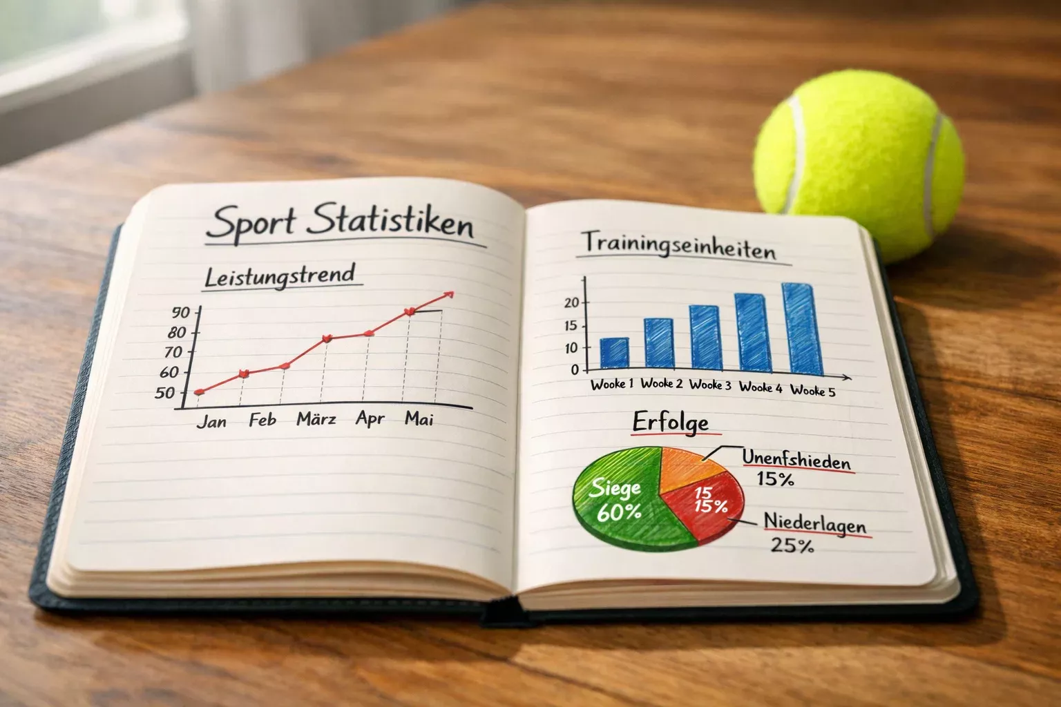 Aufgeschlagenes Notizbuch mit Diagrammen und Statistiken neben einem Tennisball auf einem Schreibtisch
