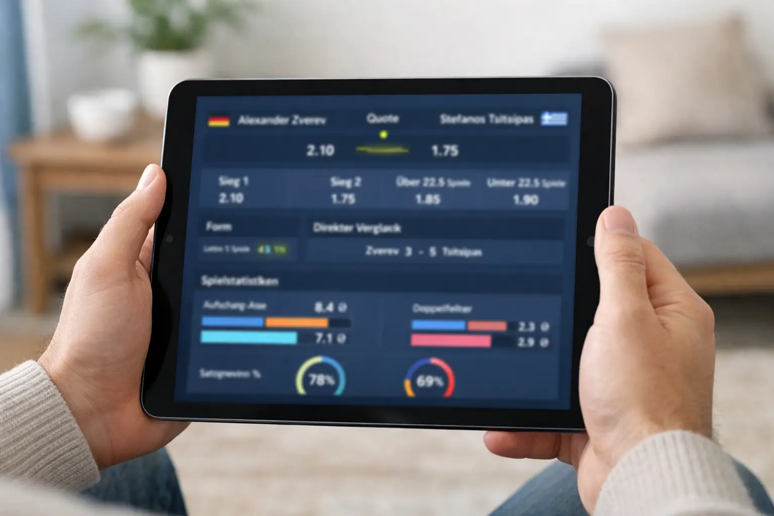 Person analysiert Tennisquoten auf dem Tablet mit Statistiken