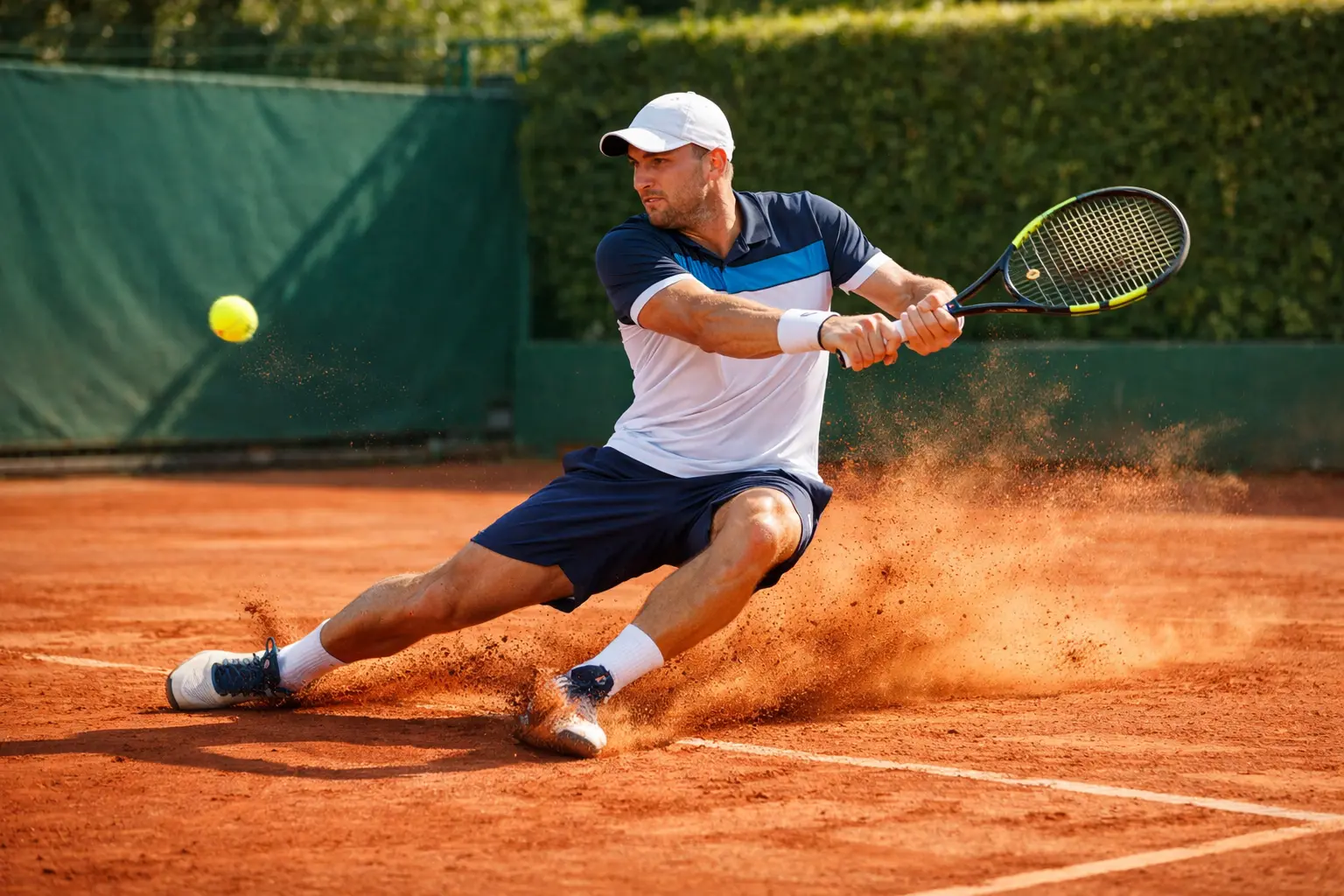 Tennisspieler auf rotem Sandplatz während eines Ballwechsels