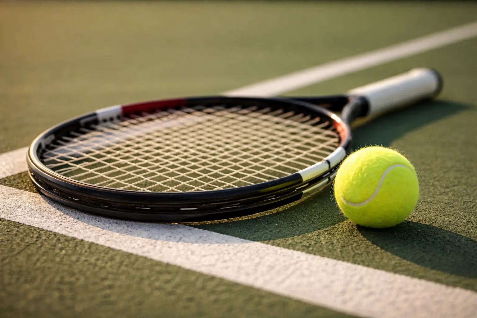 Nahaufnahme eines Tennisschlägers und Balls auf dem Spielfeld