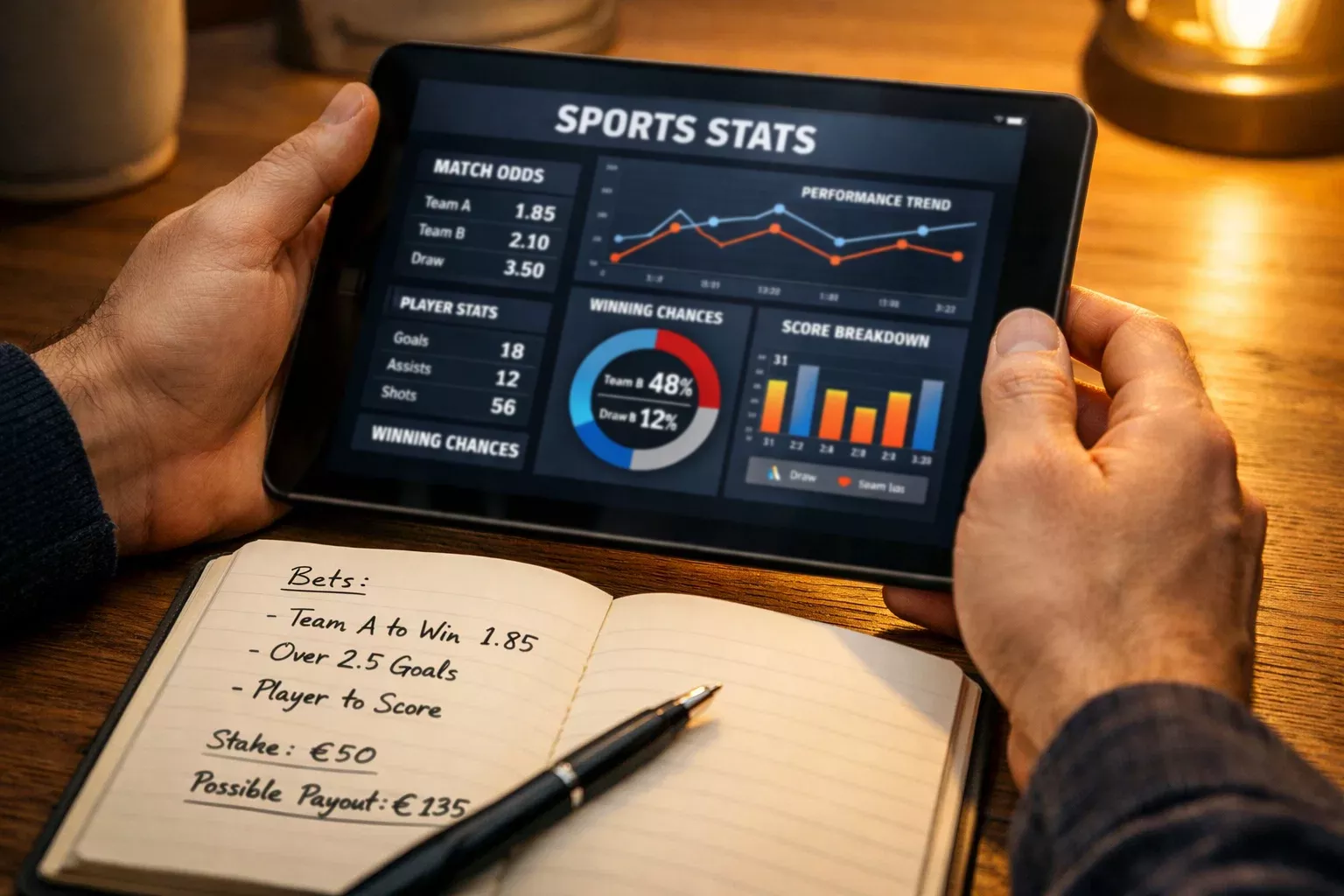 Person analysiert Tennis-Daten auf einem Tablet neben einem Notizbuch