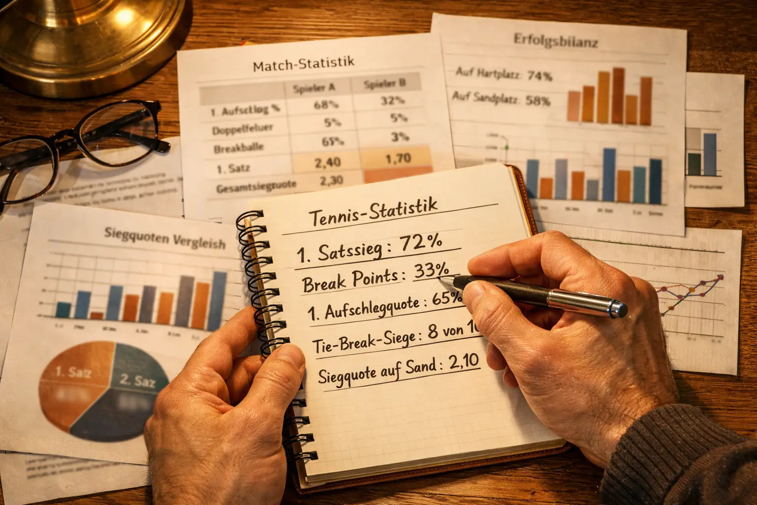 Notizbuch mit Wettanalysen und Statistiken auf einem Schreibtisch