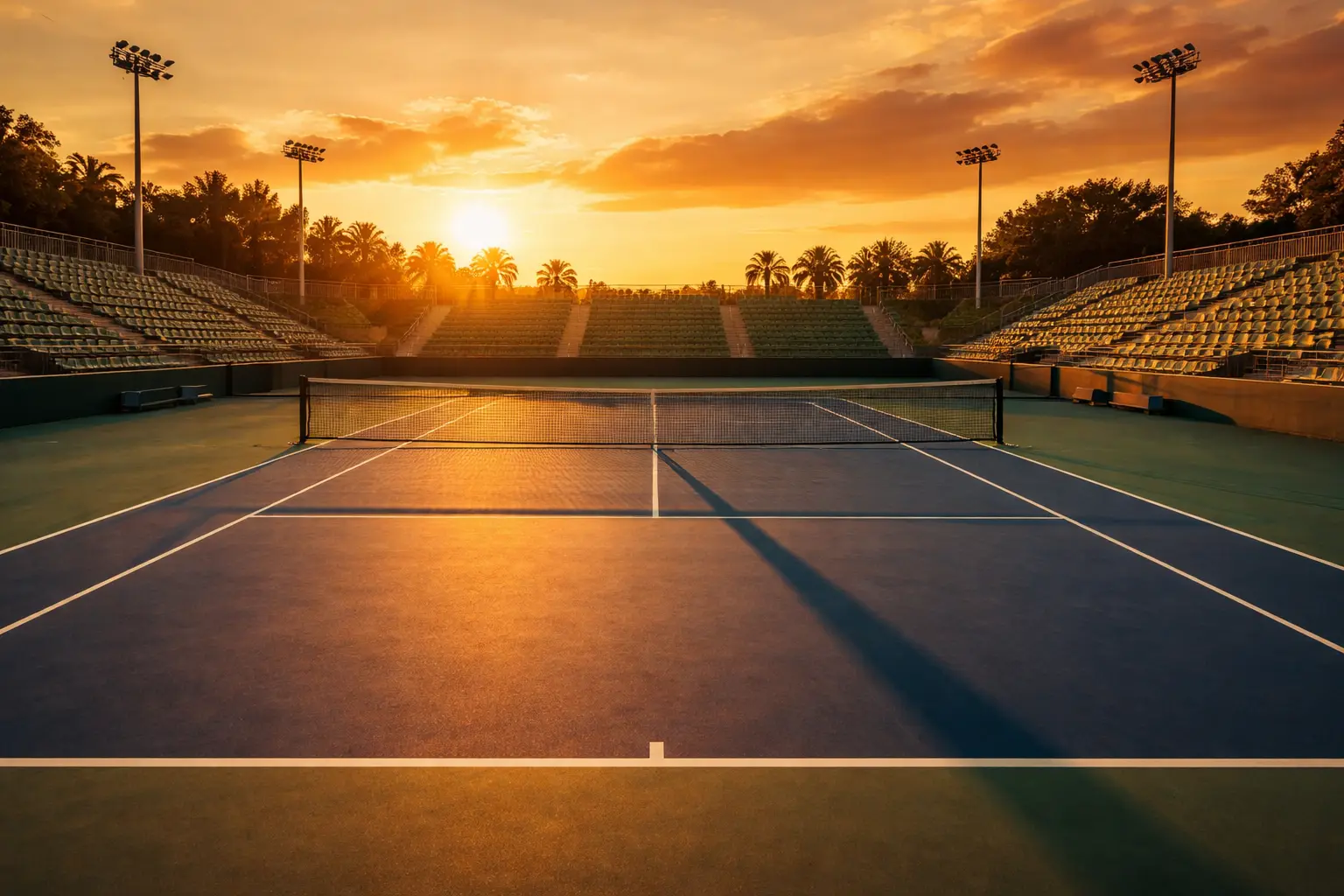 Tennisplatz bei Abendsonne mit langem Schatten des Netzes