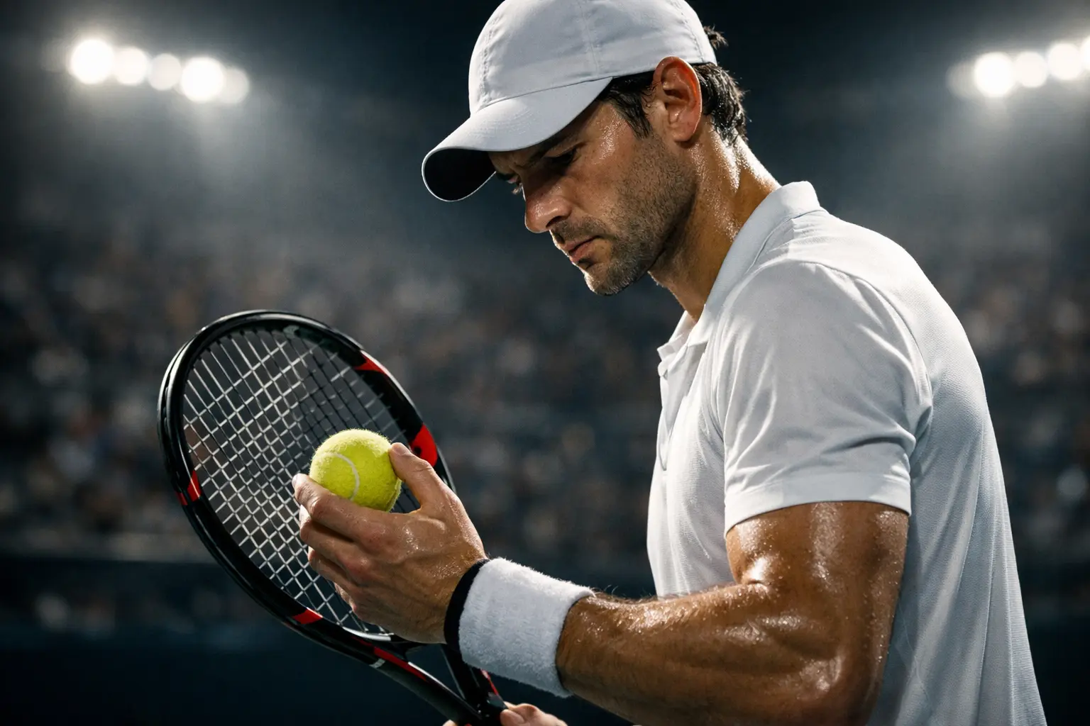 Tennisspieler in Konzentration vor dem Aufschlag auf dem Court