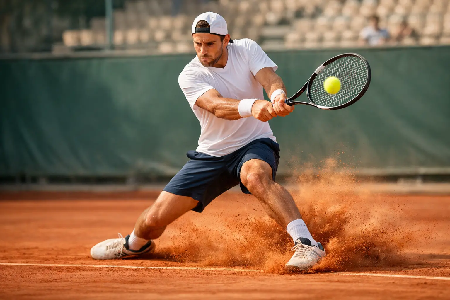 Tennisspieler beim Return auf einem Sandplatz