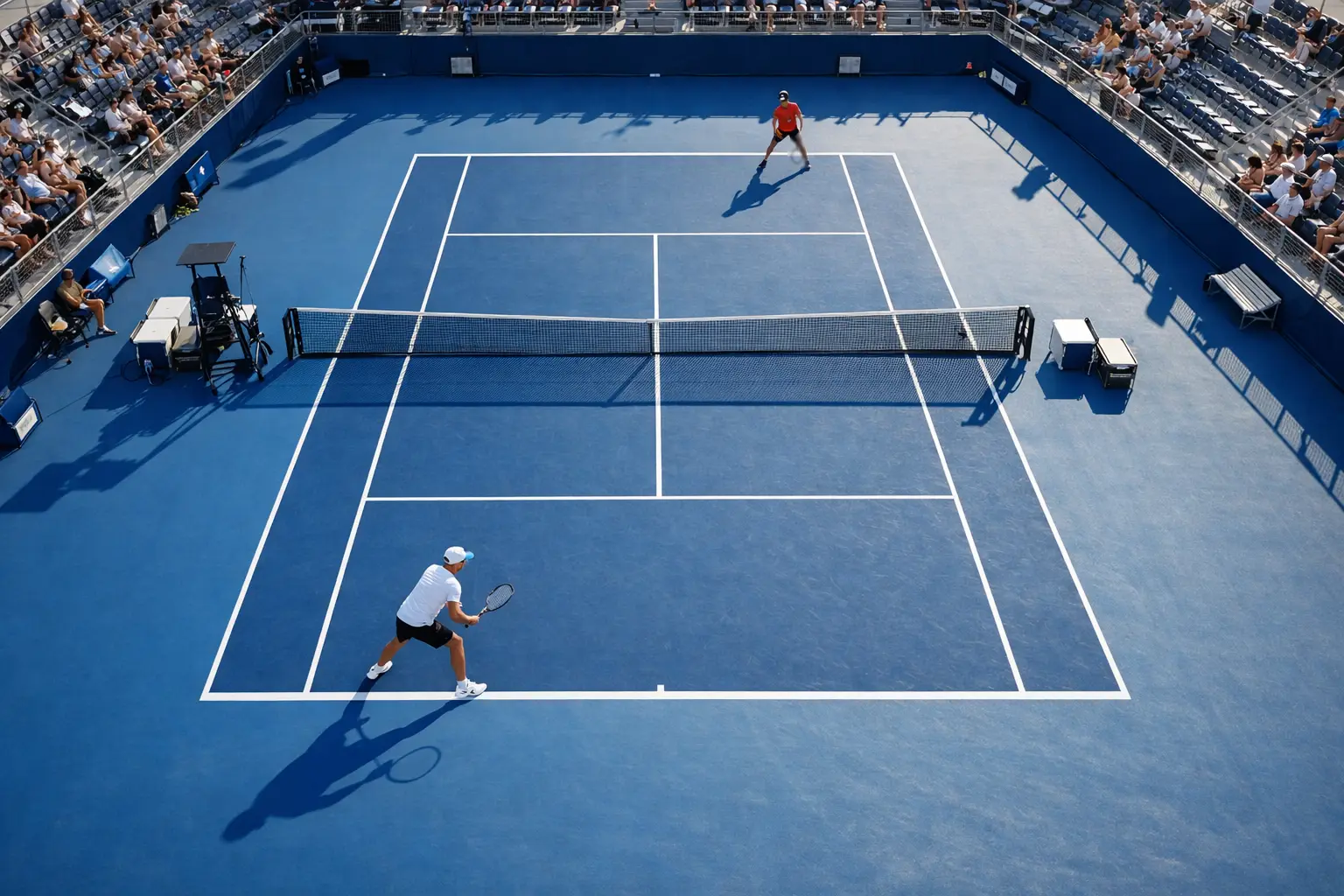 Tennisplatz von oben mit zwei Spielern während eines Matches