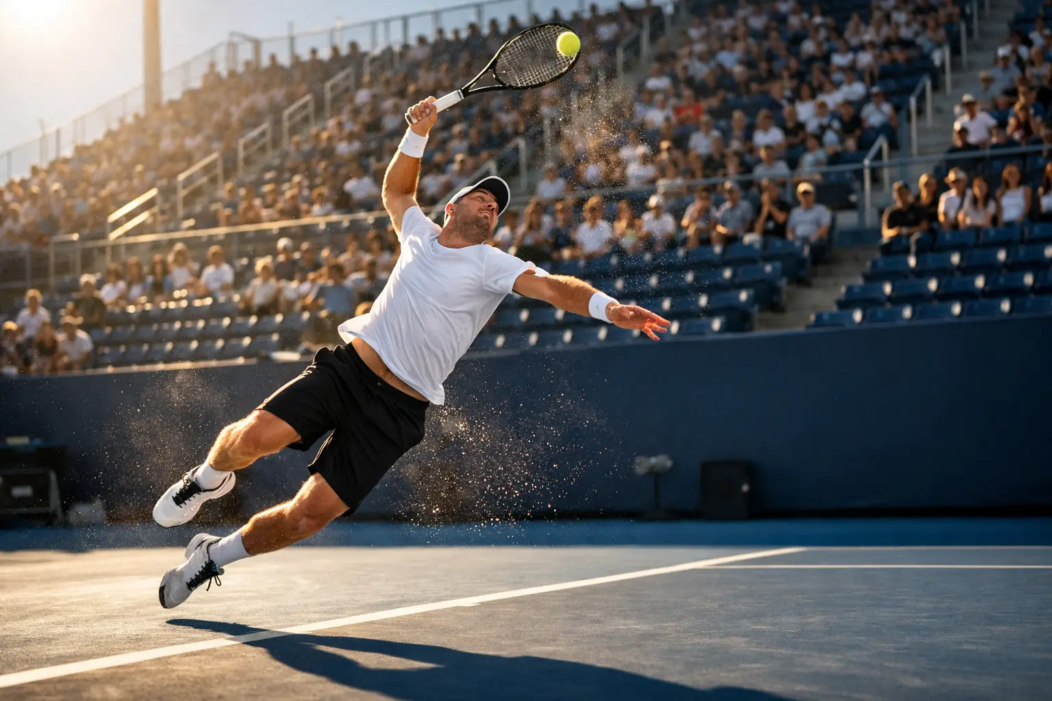 Tennisspieler schlägt auf dem Hartplatz einen kraftvollen Aufschlag