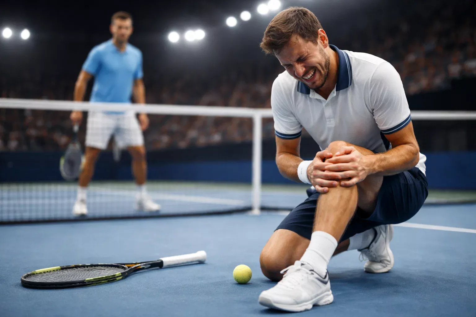 Tennisspieler hält sich das Knie auf dem Tennisplatz – Verletzung während eines Matches