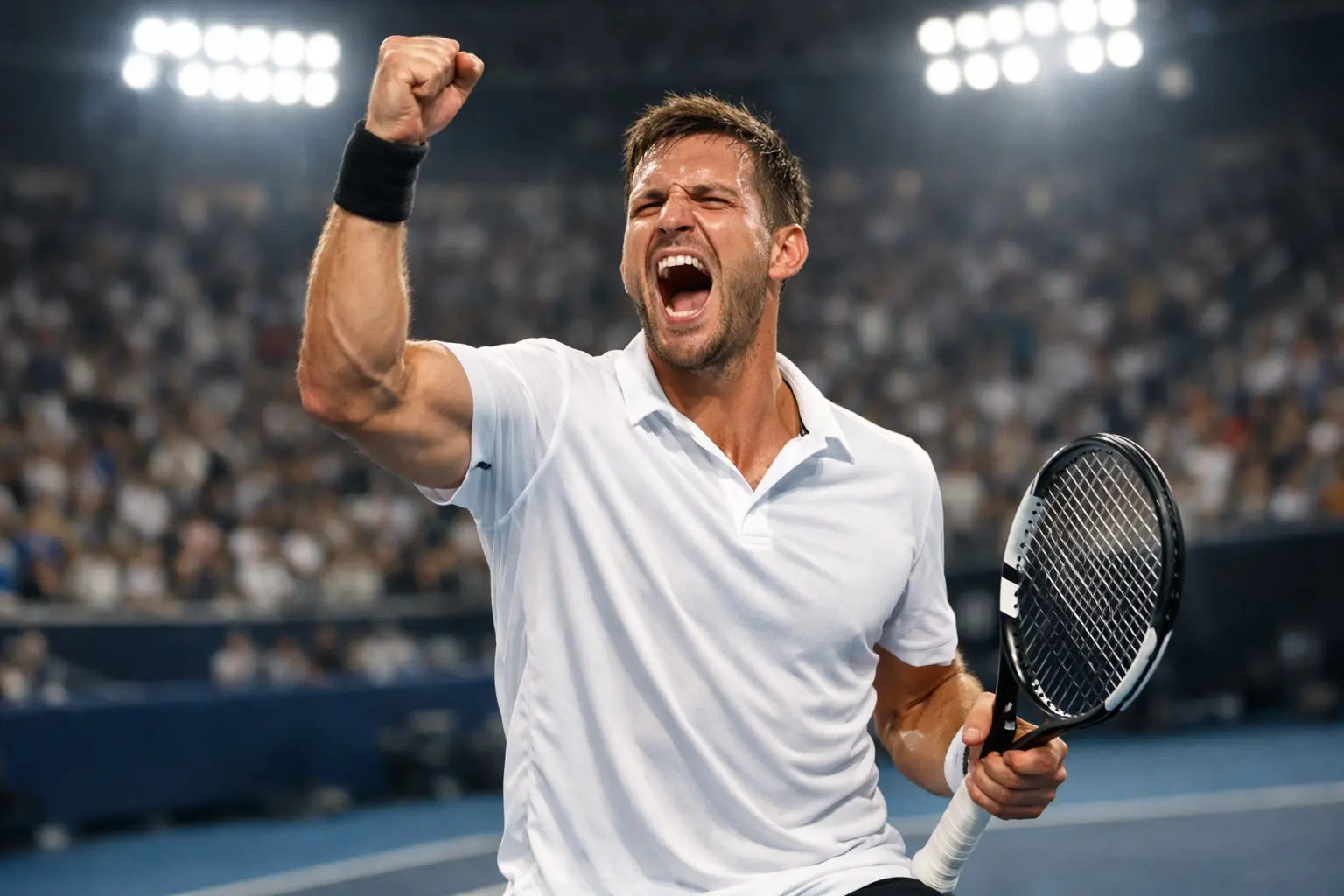 Tennisspieler feiert Sieg mit erhobener Faust auf dem Court