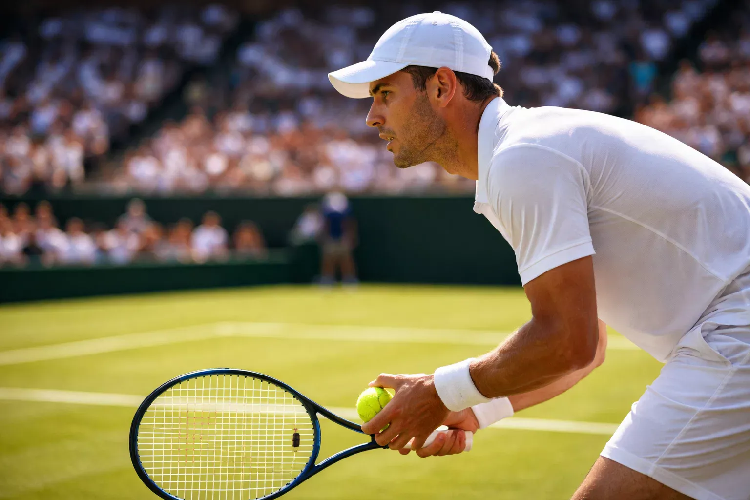 Tennisspieler konzentriert sich beim Aufschlag auf einem Rasenplatz bei einem Tiebreak