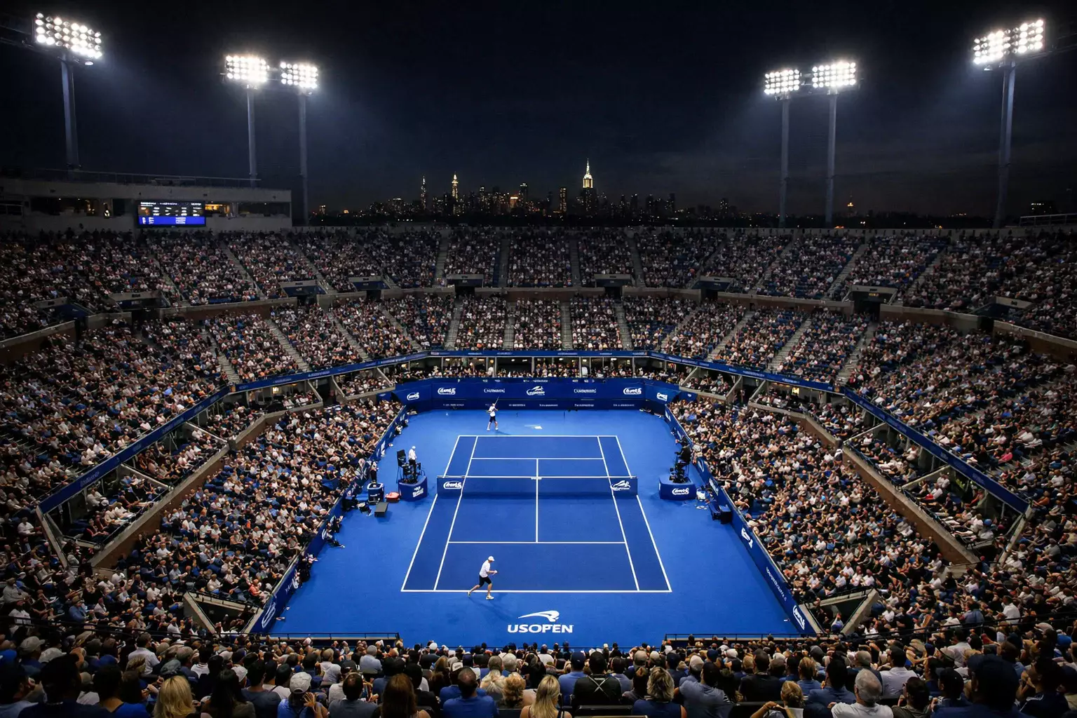 Arthur Ashe Stadium bei den US Open beleuchtet während einer Night Session